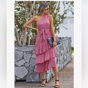 PRETTYGARDEN Floral One Shoulder Red Tiered Midi Dress